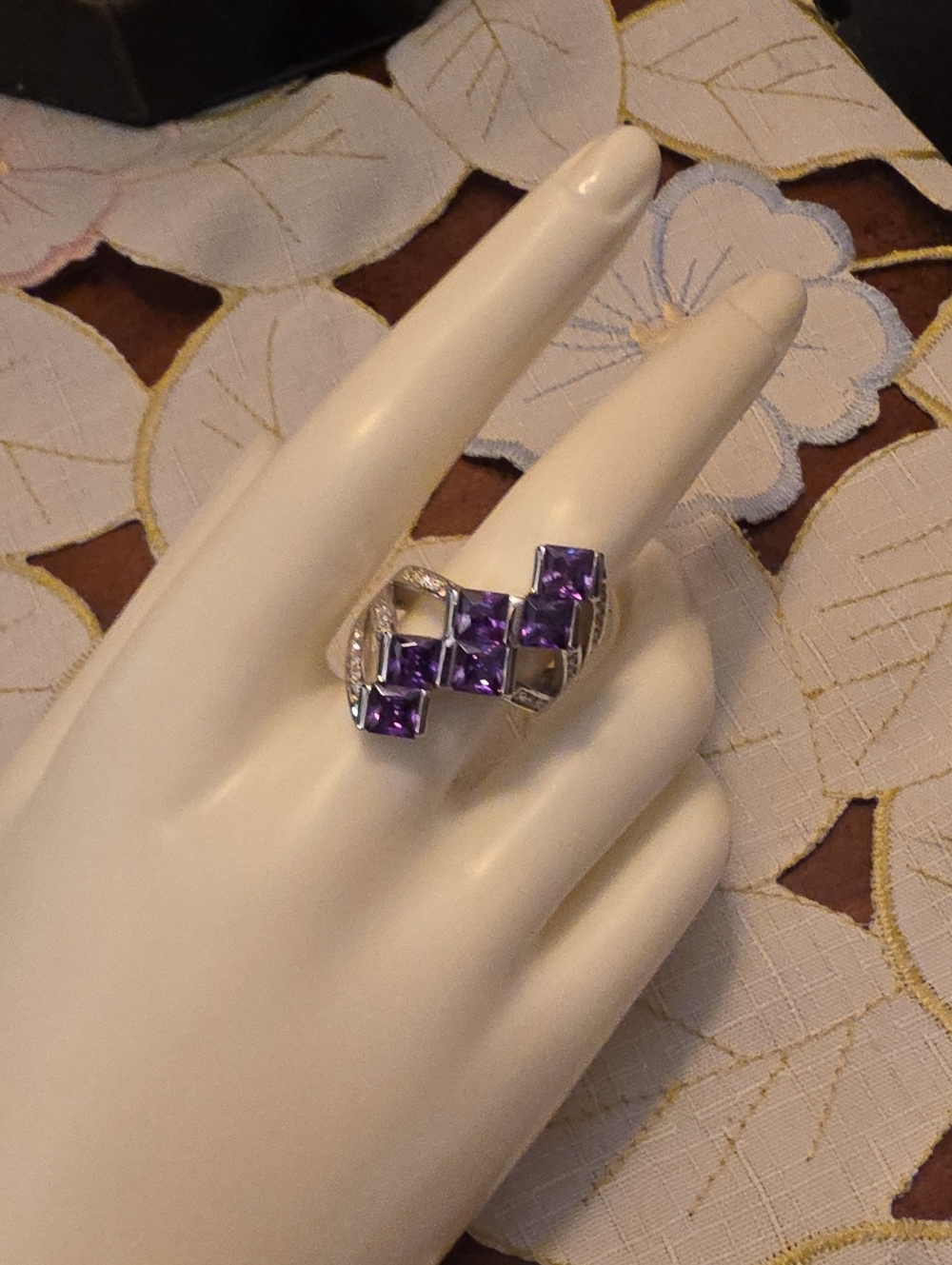 Silver Tone Ring with Purple Square Gemstones - Women Jewelry